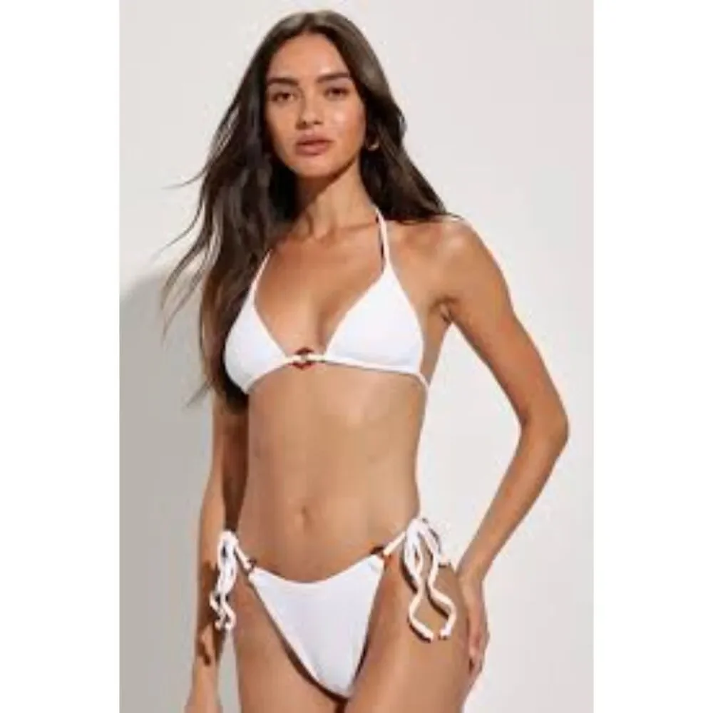 New NWT Lulus White Waffle Knit Side Tie Bikini Swim XL O Ring
